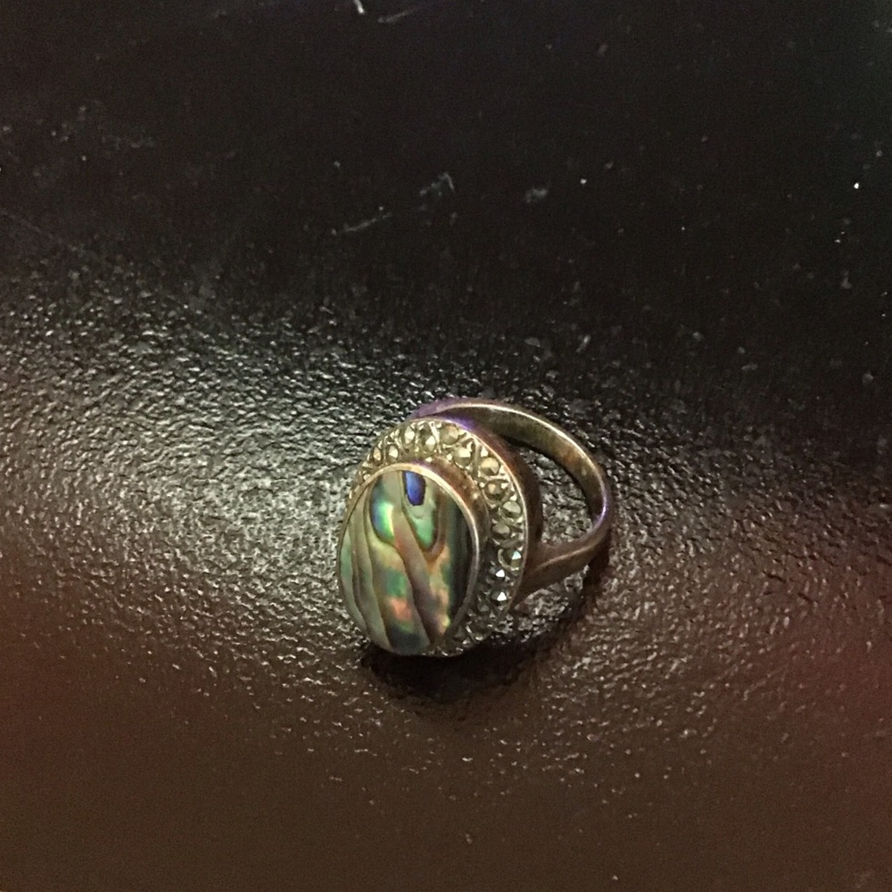 Silver Abalone Shell Oval Ring - Iridescent Green, Purple